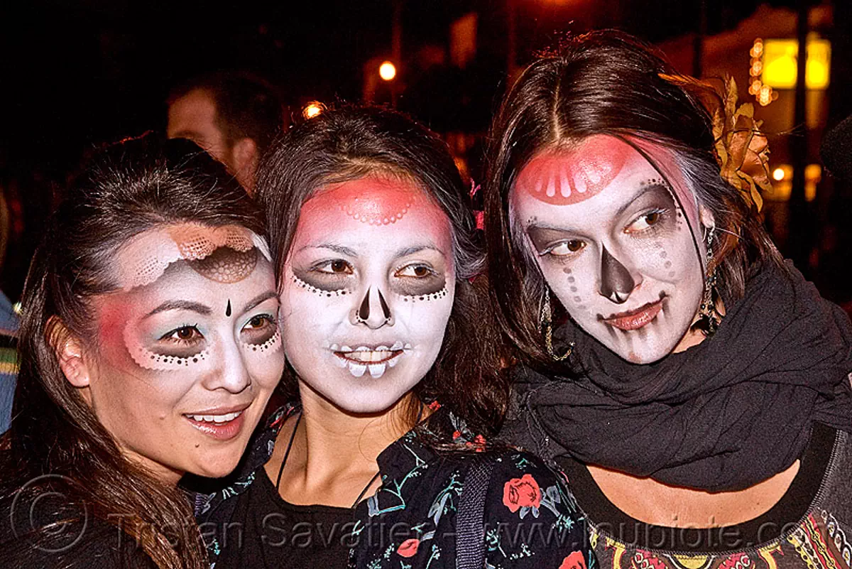 stencil airbrush skull makeup, three women, dia de los muertos ...