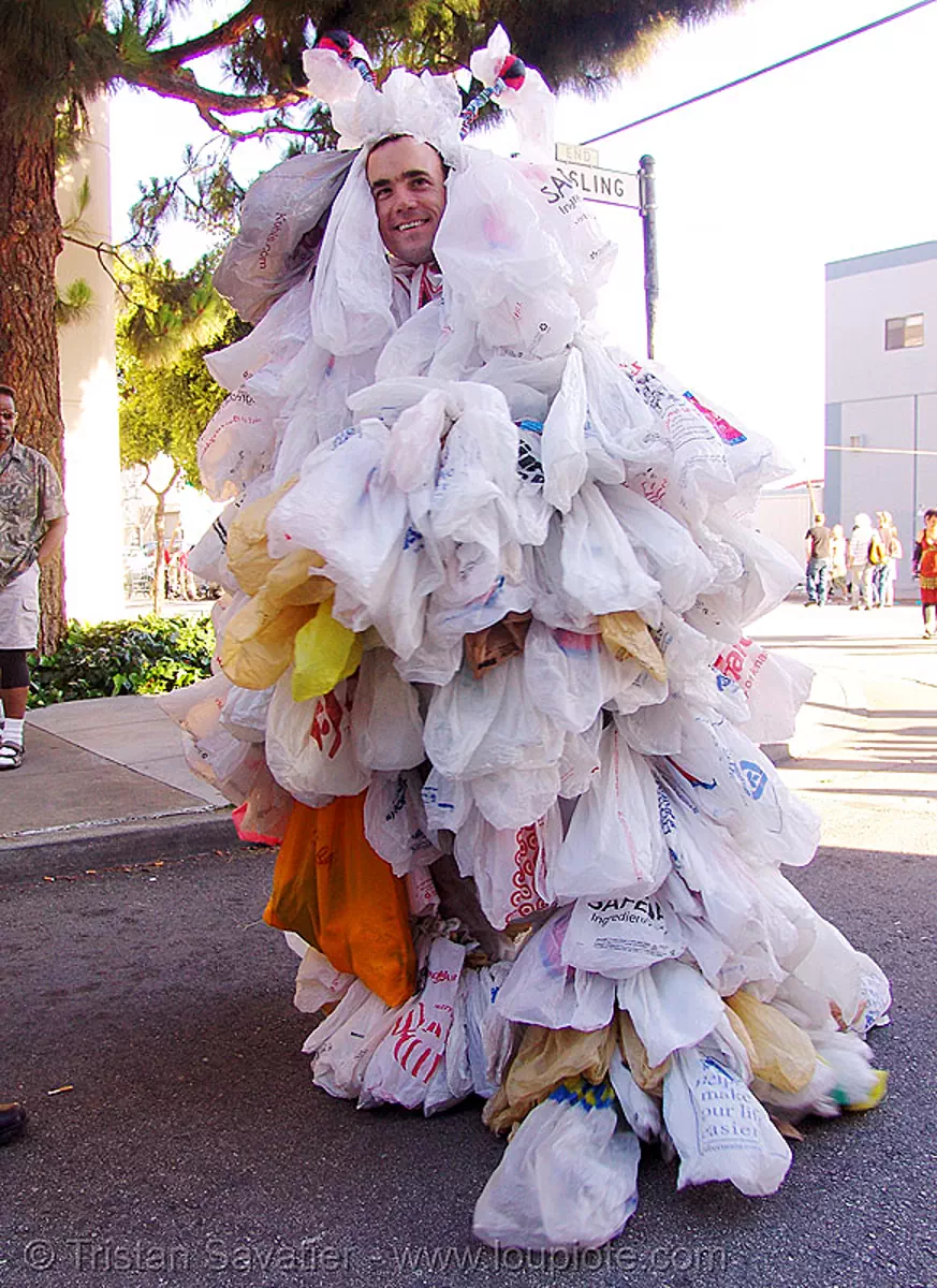 weird costume, plastic grocery bags, san francisco