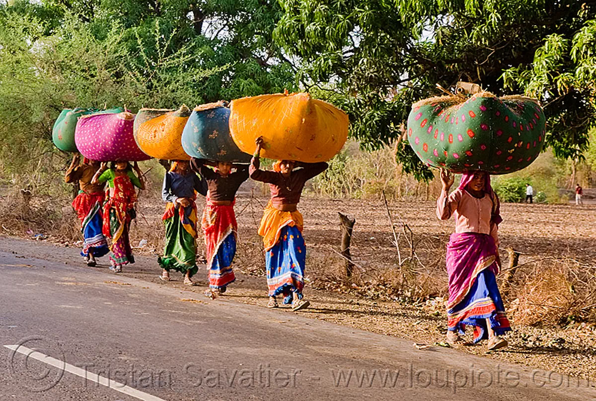 women in sari carrying bags on their head, india