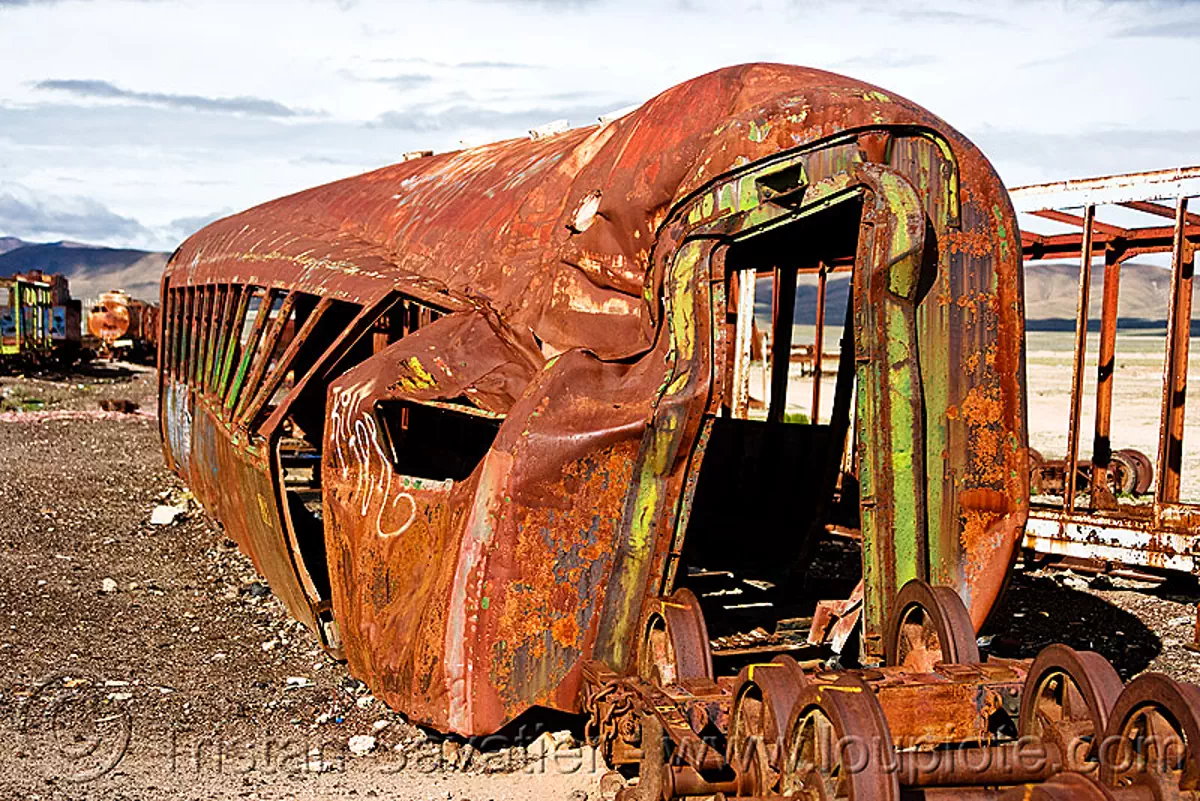 wrecked train car, train cemetery, uyuni, bolivia