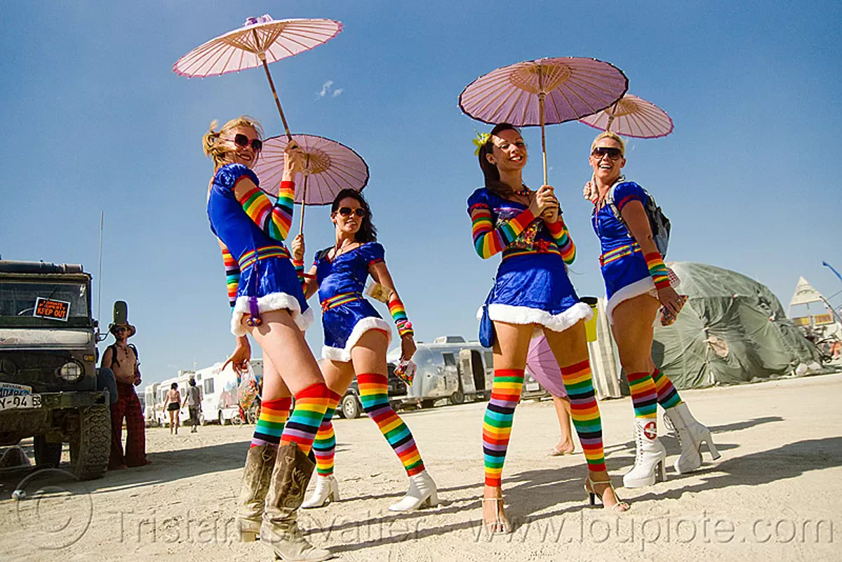 Burning Man - the Rainbow Brite's - Girls with Rainbow Tights and Japanese  Umbrellas