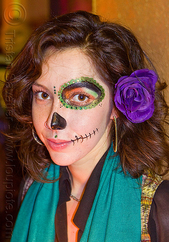 dead bride, sugar skull makeup and rainbow color flowers