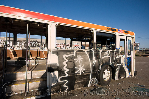 abandoned muni bus with graffiti (san francisco), autobus, bus, graffiti, junkyard, no trespassing, vandalism