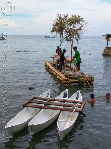 bamboo floating island with fake trees to attract fish, bamboo raft, canoes, fisherman, fishermen, fishing, floating island, men, ocean, sea
