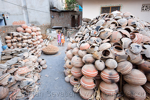 broken water jugs - clay pots, broken, children, clay pots, kids, udaipur, water jugs