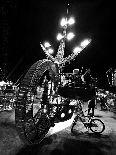 burning man - clock ship tere at night - front view, art car, burning man art cars, burning man at night, c.s. tere, clock ship tere, glowing, mutant vehicles, the lost machine