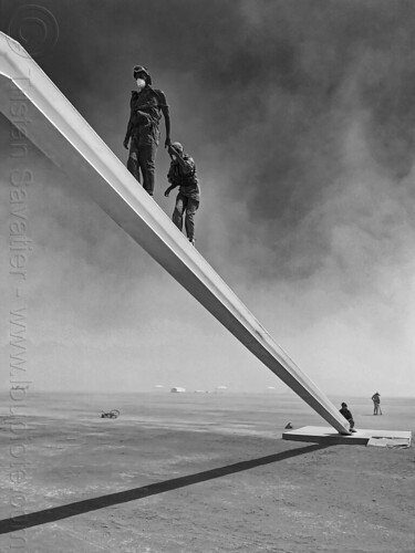 burning man - couple walking on the beam - white steel beam bridge, art installation, benjamin langholz, bridge, the beam, walking