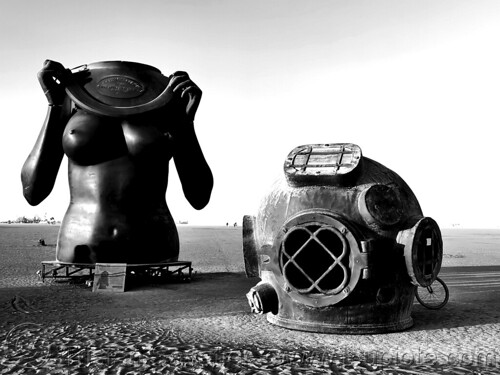 burning man - diver up, art installation, diver up, diving helmet, plate, sculpture, victor spinelli