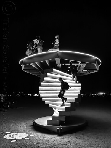 burning man - double spiral stairway - build a seat, art installation, burning man at night, spiral stairs, steps