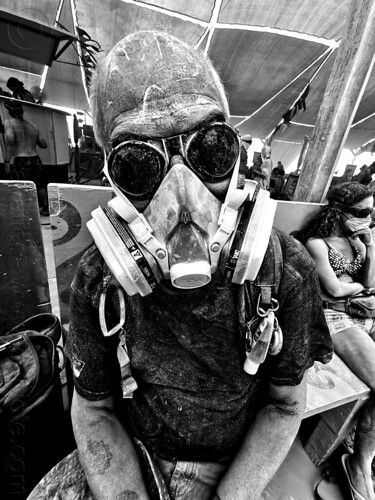 burning man - dusty man with dust mask and goggles, dust mask, dust particulate mask, dusty, goggles, half-face respirator, man