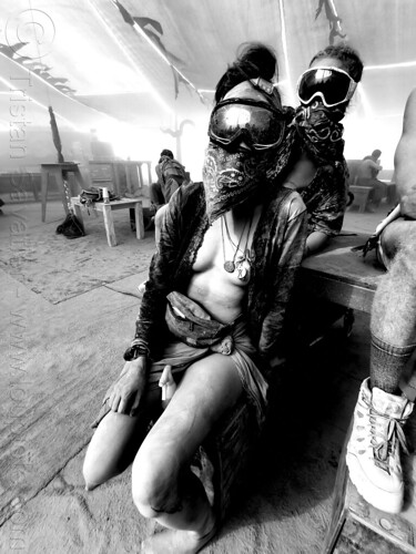 burning man - dusty mother and her small child at center camp cafe, attire, bandana, burning man outfit, child, goggles, kid, mother, woman