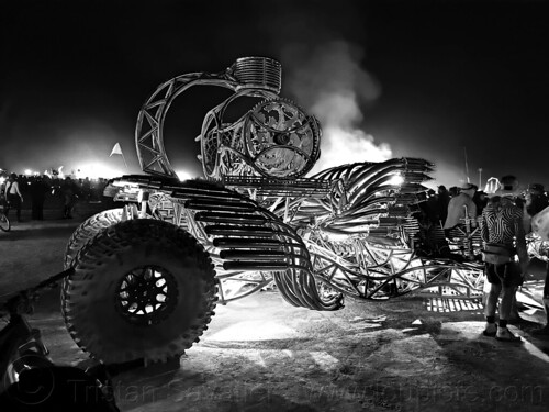 burning man - fusion dragster at night, art car, burning man art cars, burning man at night, fusion dragster, glowing, henry chang design, mutant vehicles