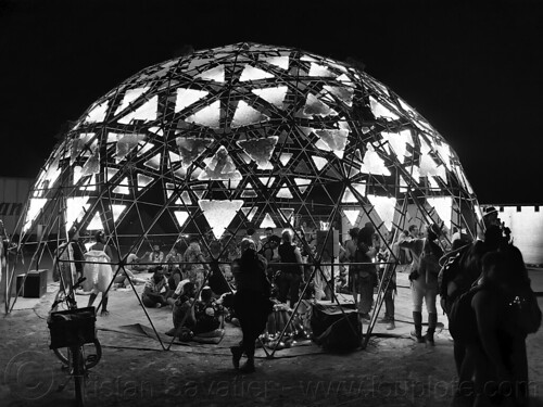 burning man - glowing iridescent dome - technodrome, art installation, burning man at night, dome, glowing