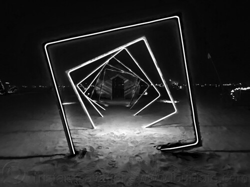 burning man - glowing squares pathway, art installation, burning man at night