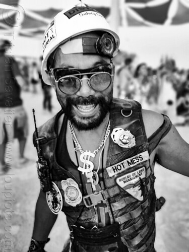 burning man - hot mess, badges, beard, hard hat, hot mess, man, necklace, safety helmet, sunglasses