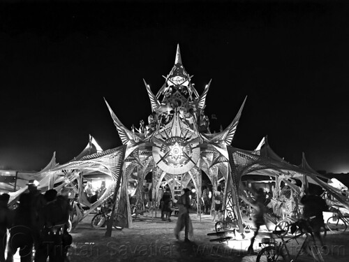 burning man - hot mess camp at night, burning man at night, crowd, glowing, hot mess camp