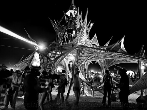 burning man - hot mess camp at night, burning man at night, crowd, glowing, hot mess camp