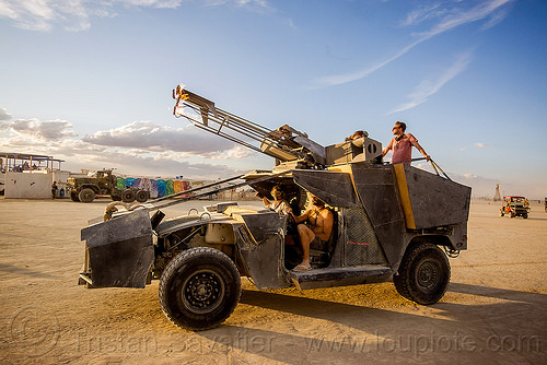 burning man - humvee art car with fire canon - joan, art car, burning man art cars, fire, hmmwv, humvee, joan, mutant vehicles, relaxomatic