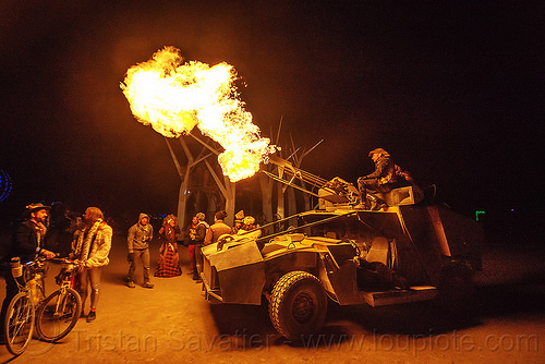 burning man - joan humvee art car shooting fire, art car, burning man art cars, burning man at night, fire cannon, hmmwv, humvee, joan, mutant vehicles, relaxomatic