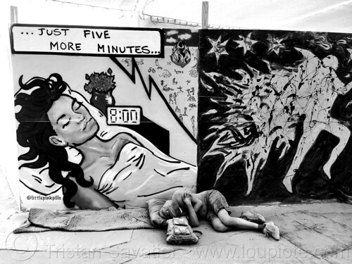 burning man - just five more minutes - dreaming - mural, dreaming, dusty, littlepinkpills, man, mural, sleeping