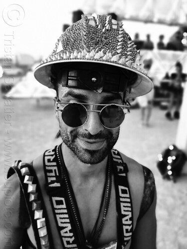 burning man - man with decorated construction helmet, distrikt, helmet, man, sunglasses