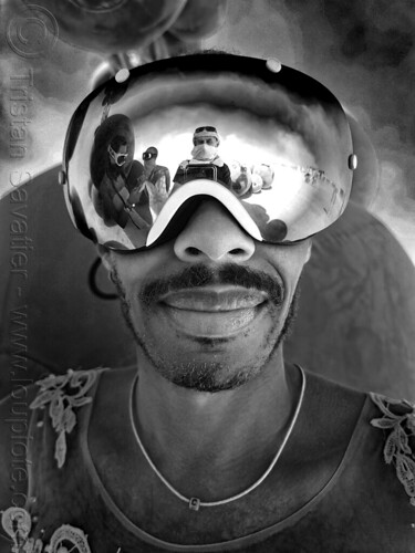 burning man - man with reflective goggles, goggles, man, mustache, selfportrait