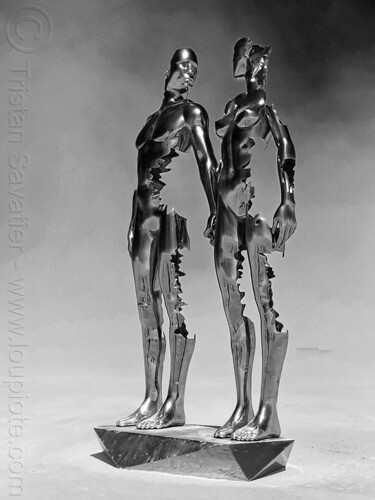 burning man - reflections - chrome sculpture of couple, art installation, michael benisty, sculpture