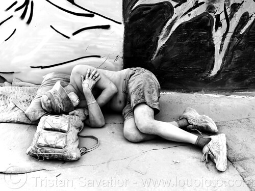 burning man - sleeping on the ground, dust mask, dusty, man, sleeping