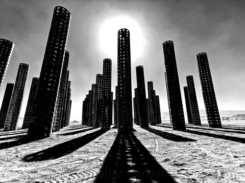 burning man - steel pillars and their shadows - forest of dream, art installation, forest of dream, pillars, steel