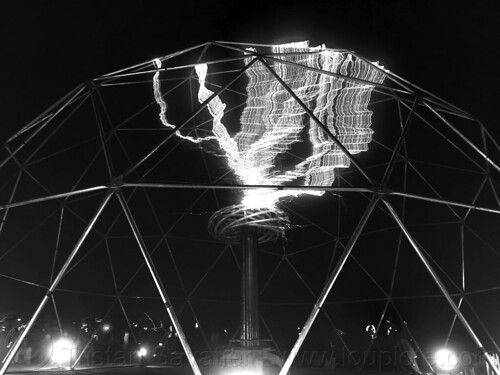 burning man - tesla coil in geodesic dome - coup de foudre, burning man at night, coup de foudre, danger, dome, electric arc, electric discharge, high voltage, lightnings, plasma filaments, static electricity, tesla coil