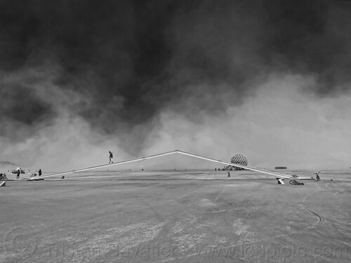 burning man - the beam - white steel beam bridge, art installation, benjamin langholz, bridge, the beam, walking