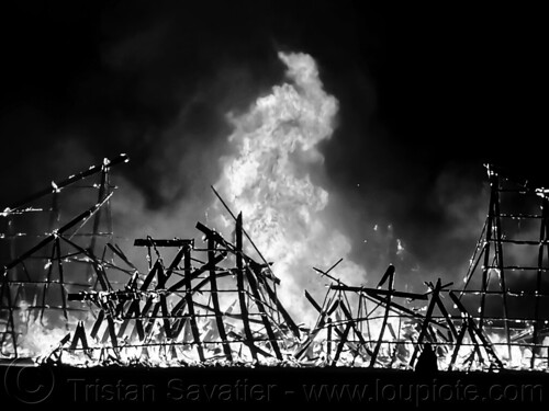 burning man - the empyrean temple is burning, burning man at night, burning man temple, empyrean temple, fire