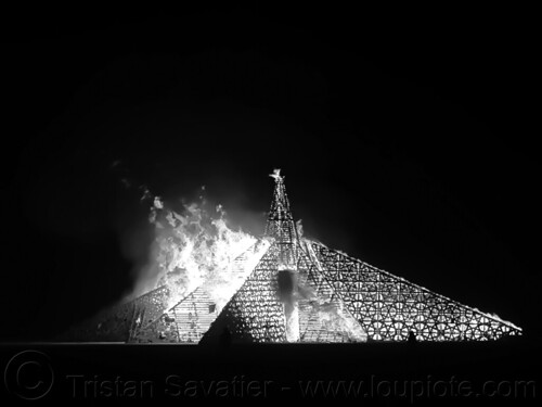 burning man - the temple ablaze, burning man at night, burning man temple, empyrean temple, fire