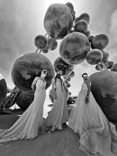 burning man - three men in white wedding dresses - toxic black balls, art installation, black balls, clayton blake, man, rubber balls, toxic, wedding dress