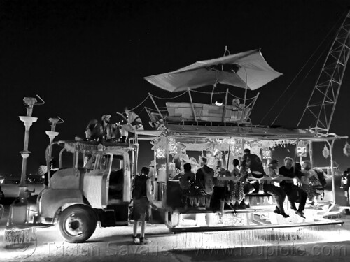 burning man - unidentified saloon art car, burning man at night, mutant vehicles, saloon, unidentified art car