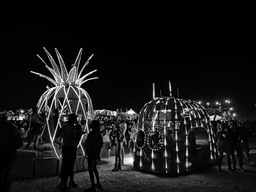 burning man - vibeapple the pineapple art car, burning man art cars, burning man at night, glowing, mutant vehicles, unidentified art car