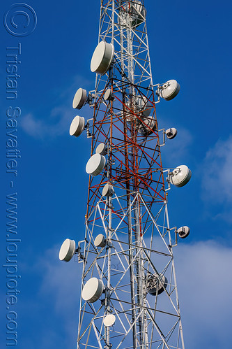 communication tower with microwave repeaters, communication tower, microwave repeaters