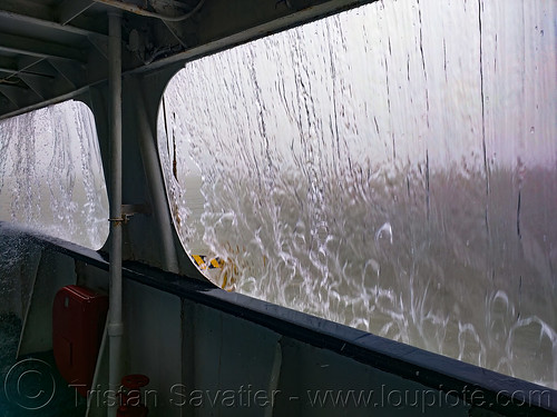 curtain of water formed by heavy rain, ferry, ferryboat, rain, ship