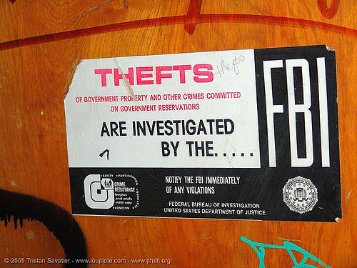 fbi-sticker - thefts are investigated by the fbi - sign on door - abandoned hospital (presidio, san francisco), abandoned building, abandoned hospital, fbi, presidio hospital, presidio landmark apartments, sign, trespassing