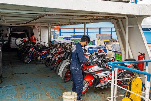 ferryboat deck with parked motorbikes, boat, dharma ferry, ferryboat, motorcycles, ship, surabaya