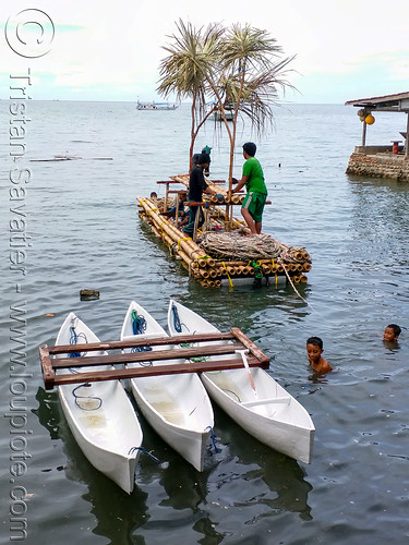 fish attracting device - bamboo floating raft with fake trees to attract fish, bamboo raft, canoes, fad, fish aggregating device, fish attracting device, fishermen, fishing, floating, men, ocean, sea