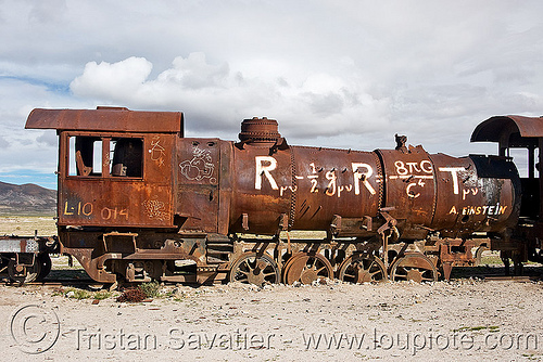 general relativity - einstein field equations - graffiti on steam locomotive, bolivia, efe, enfe, equation, fca, general relativity, graffiti, physics, railroad, railway, rusty, science, scrapyard, steam engine, steam locomotive, steam train engine, train cemetery, train graveyard, train junkyard, uyuni