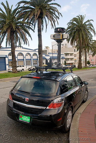 googlenetta - car with cameras used by google for google maps street view (san francisco), 360 degree camera, 3d sensors, big brother, cameras, car, digital mapping, google maps street view, google street view, googlenetta, mobile data collection vehicle, mobile mapping, privacy, remote sensors, scanners, sick ag, spying, telemetry