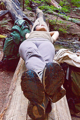 hiker resting on tree trunk (vantana wilderness), big sur, hiking, laying down, pine ridge trail, resting, shoes, tree trunk, trekking, vantana wilderness, woman