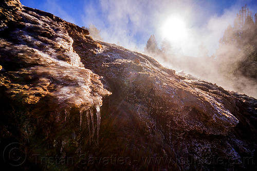 ice formations near steaming hot springs, buckeye hot springs, california, concretions, eastern sierra, ice, icicles, smoke, smoking, steam
