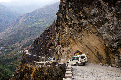 jeeps on mountain dirt road - kali gandaki valley - annapurnas (nepal), 4x4, annapurnas, cars, cliff, dirt road, kali gandaki valley, mountain road, mountains, unpaved