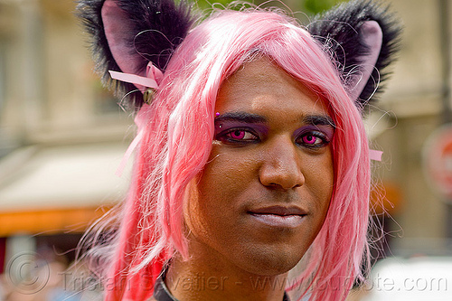 man with pink wig and pink contact lenses, color contact lenses, ears headband, gay pride, man, pink contact lenses, pink contacts, pink hair, pink wig, special effects contact lenses, theatrical contact lenses