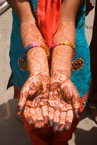 mehndi (henna tattoo) on hands and arms - (india), body art, girl, hand palms, hands, henna tattoo, indian woman, mehndi designs, palm, sailana, temporary tattoo