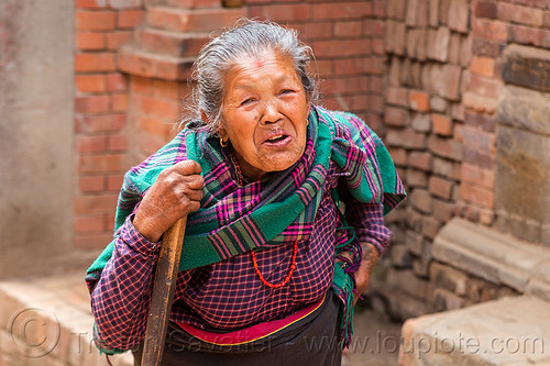 old nepali hindu woman (nepal), bhaktapur, walking stick, woman