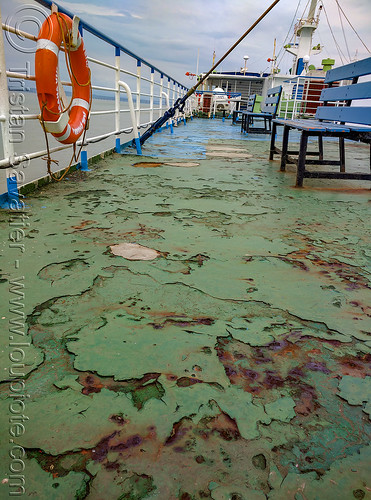 peeling paint on rusted ferryboat deck, deck, exterior, ferry, ferryboat, lifering, pain, rusty